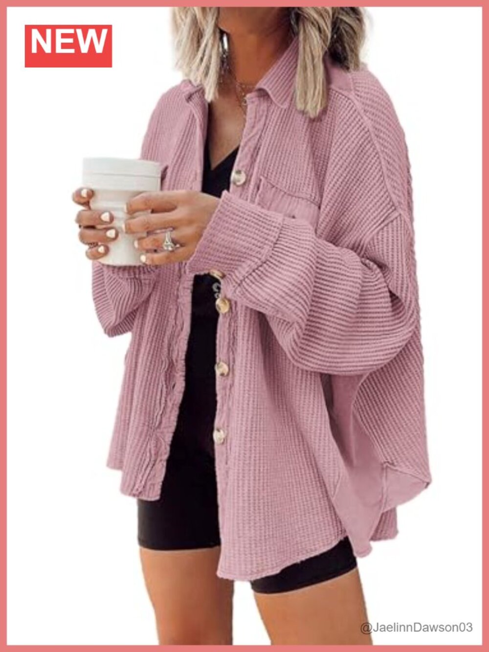 Waffle Knit Shacket Oversized Button Down Shirt Jacket Long Sleeve